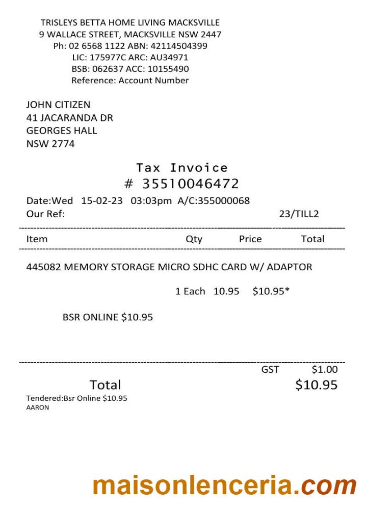 USA Trisleys Betta Home faktura podatkowa Word and PDF template